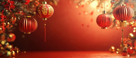 chinese new year red lanterns with glowing lights on festive background