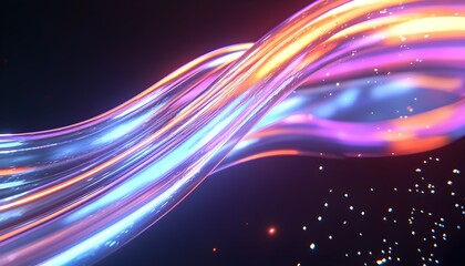 Fototapeta premium Glowing fiber optic strands in motion, emitting purple, orange, and blue light, data transmission concept, futuristic and dynamic energy flow