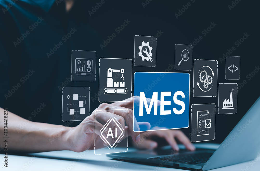 Poster mes - manufacturing execution system concept. ai integration, a person touch mes icon with symbols t