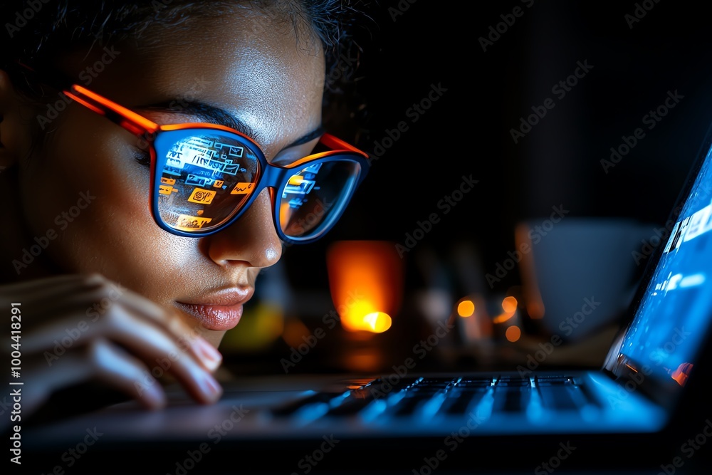 Poster A person sending a message in a dark room, with only the glow of the screen illuminating their face, symbolizing anonymity in digital communication