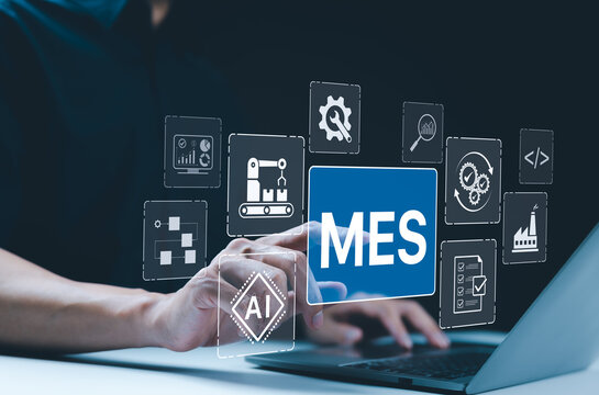 MES - Manufacturing Execution System Concept. AI Integration, A person touch MES icon with symbols to manufacturing, automation, industrial processes, technology in production management, AI powered,