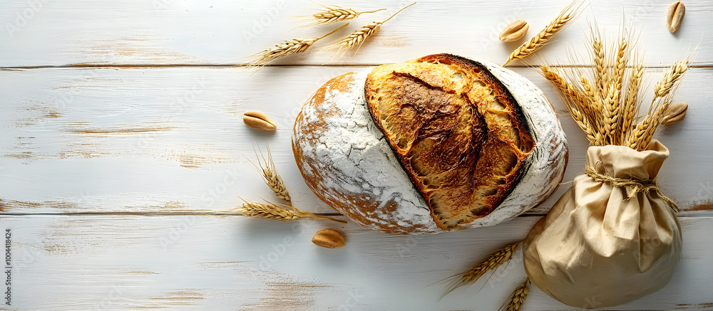 Poster top view of a loaf of bread with wheat ears and a bag of flour on a white wooden surface creating a 
