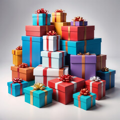 A stack of colorful gift boxes in different sizes, with large discount tags, ...