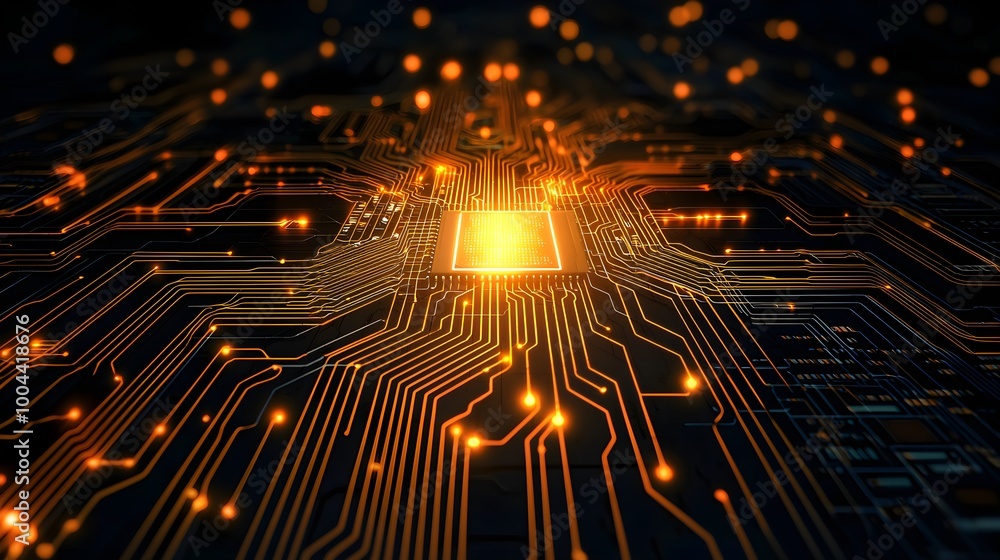 Poster high-detail circuit board with orange glowing pathways and a central microchip, advanced technology 