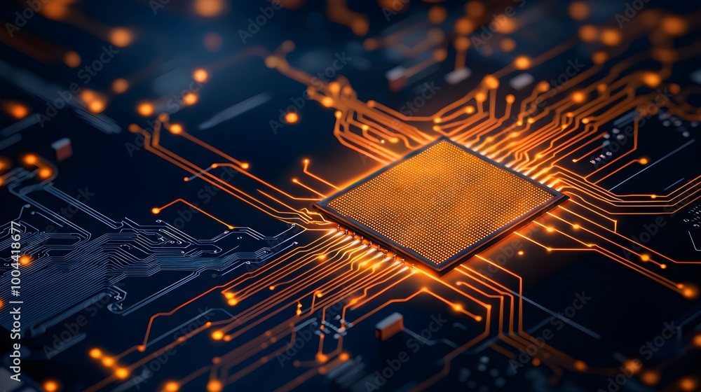 Poster high-detail circuit board with orange glowing pathways and a central microchip, advanced technology 