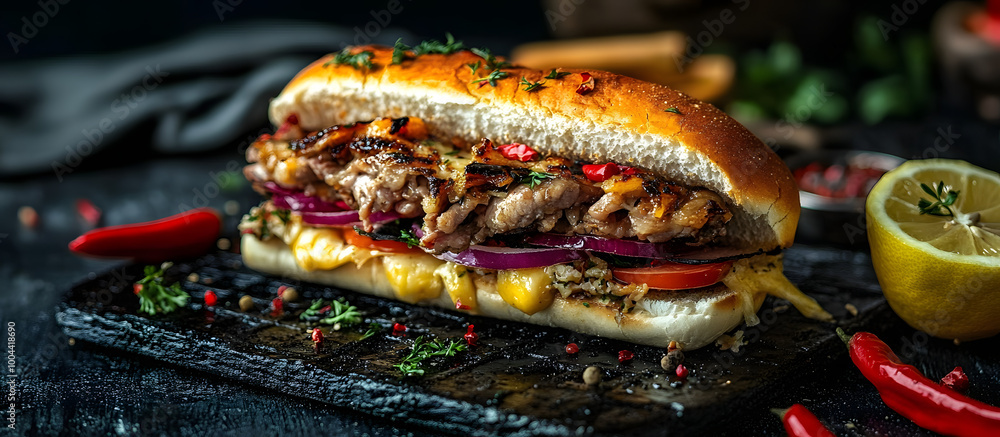 Poster turkish street food sandwich with cheese and meat served on a black griddle with a side of lemon cre