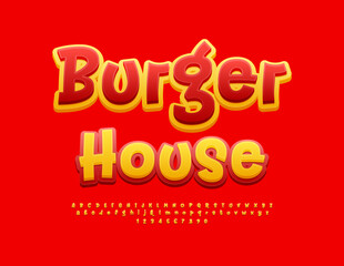 Vector advertising sign Burger House. Yellow and Red Playful Font. Bright Creative Alphabet Letters and Numbers set.