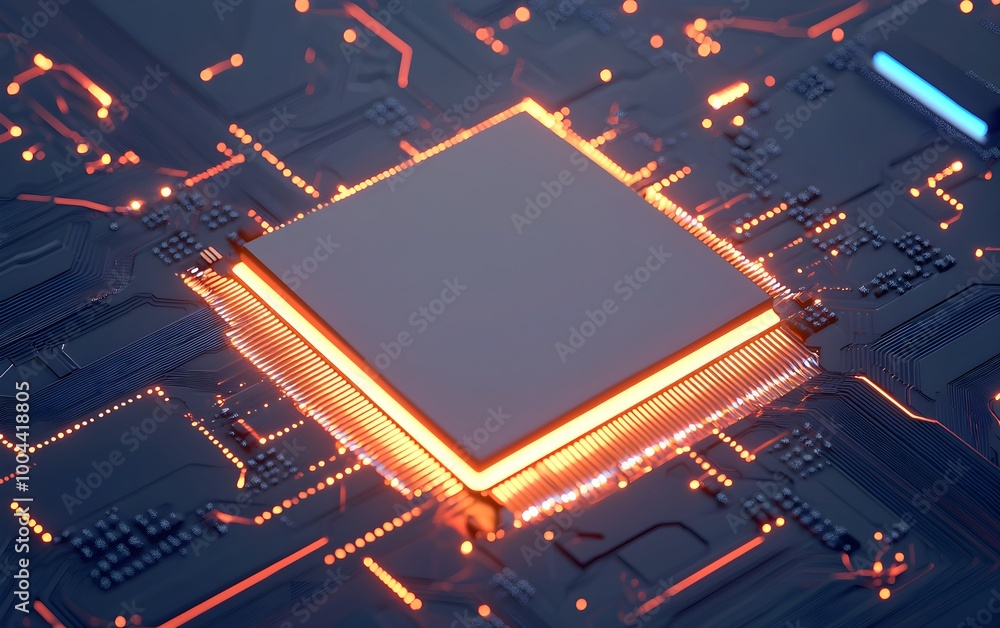 Poster high-tech microchip glowing with orange and blue lights, complex circuitry surrounding it, futuristi