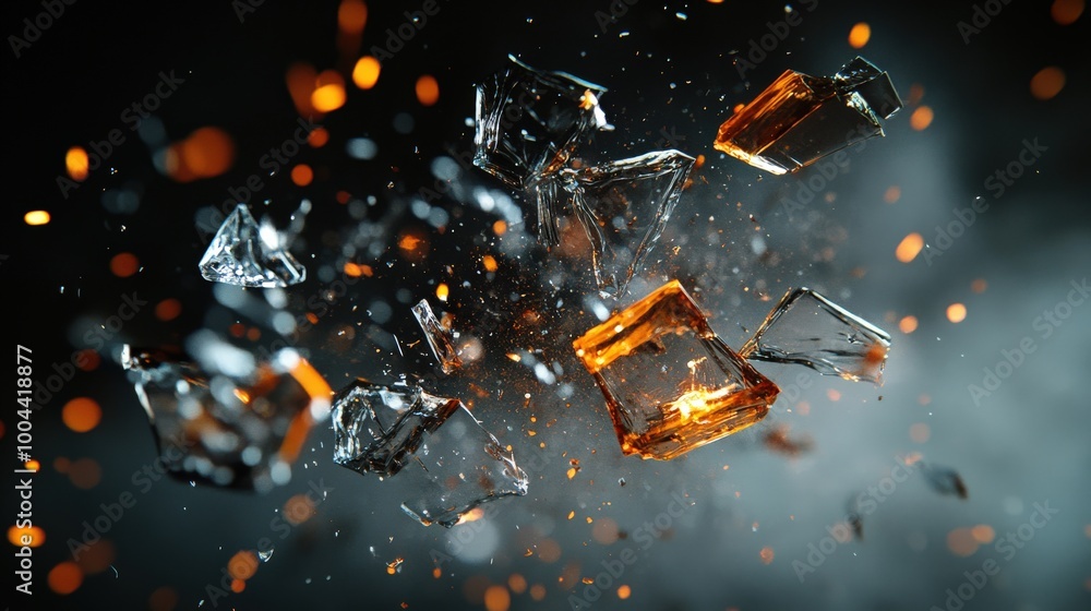 Poster shards of glass explode outward in a high-speed moment, illuminated by dramatic light, creating a ca