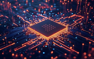 Obraz premium Illuminated circuit board with a central glowing microchip, neon orange and blue light trails, advanced technology in focus, futuristic tech concept