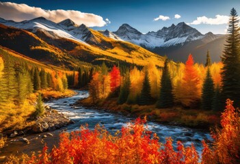 Obraz premium stunning autumn landscape showcasing vibrant colors mountain valley surrounded majestic peaks lush vegetation, fall, nature, trees, foliage, leaves, forest