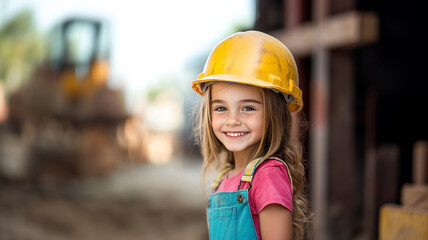 A smiling girl wearing a construction helmet