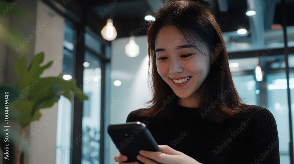 Sticker Happy Woman Using Smartphone in Modern Workspace