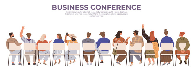 A group of people sitting on chairs viewed from the back, with diverse attire and gestures, under the caption Business Conference. Ideal for business meetings, teamwork, professional gatherings