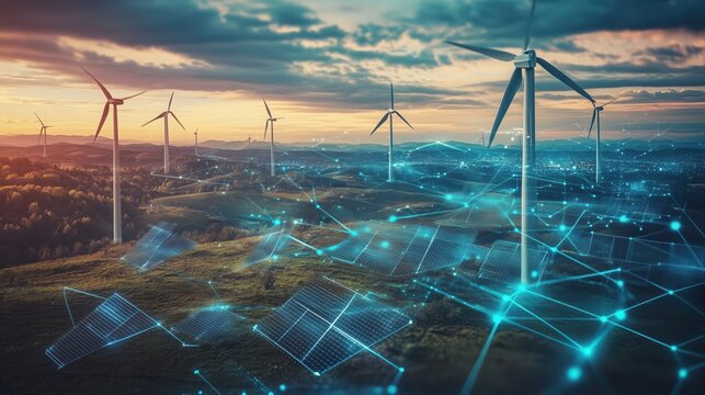 offshore wind turbines generating renewable energy with network grid connection at 