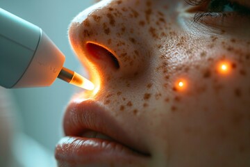 A skincare specialist uses a laser device to treat freckles on a client's face in a clinical environment. The procedure focuses on enhancing skin appearance through targeted light therapy