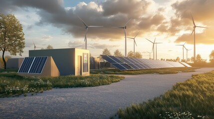 sustainable energy concept with solar panels and wind turbines at sunset