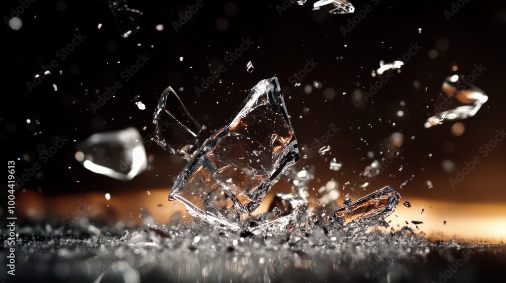 Poster glass explodes into a multitude of shards as it shatters, creating a stunning visual display amidst 