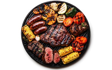 Round grill packed with grilled meats like sausages, steak, and chicken, alongside vegetables, corn, and peppers, sizzling and perfectly charred, isolated on white background