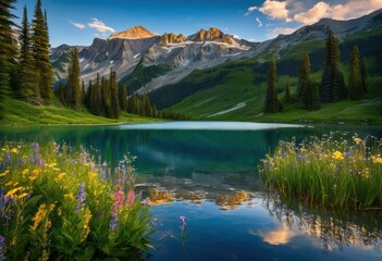 majestic mountain reflections mirrored still waters serene lake surrounded lush greenery clear blue skies, nature, scenery, wilderness, sky, landscape, peak