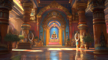Fototapeta premium Hindu temple, carved deities, vibrant colors welcomes worshippers with open doors, filled with the sounds and sights of devotion. Hindu Temple. Illustration