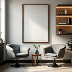 A minimalist interior featuring two gray armchairs, a small wooden table, a large blank picture frame, and a modern shelf with integrated lighting. This stylish and functional space is perfect for sho