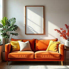  A minimalist living room with an orange sofa, a blank picture frame, and potted plants. This vibrant space is bathed in natural light, creating a warm and inviting atmosphere.