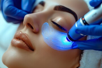 Naklejka premium A woman enjoys a rejuvenating skincare treatment as a technician uses a blue light therapy device on her face. The relaxing environment promotes wellness and beauty enhancement