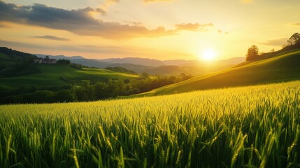 scenic view of green fields under golden sunset light with rolling hills and blue sky