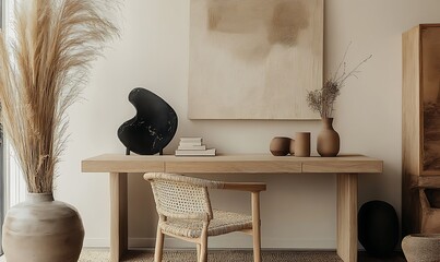  Contemporary table setup with modern art and flowers. A sleek interior scene showcasing a decorative table with fresh flowers and unique, modern art pieces on the wall. 