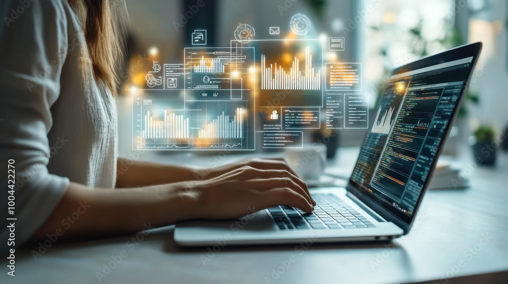 Poster person typing on a laptop while interacting with digital data and analytics in a modern workspace du