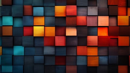 A vibrant mosaic of colorful wooden squares arranged in a visually striking pattern, showcasing a blend of warm and cool tones.