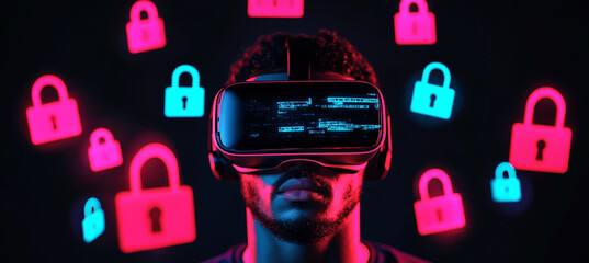 Man in VR Headset with Neon Lock Icons Cyber Security Concept