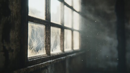 Fototapeta premium Dusty sunlight filters through a cobwebbed window in an abandoned room.