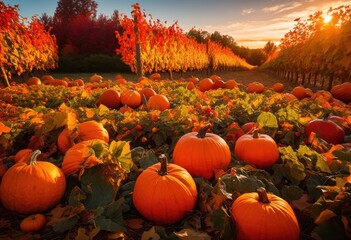 vibrant autumn foliage display featuring colorful pumpkins amongst rich tapestry saturated leaves foliage, trees, fall, harvest, nature, orange, yellow, red