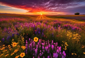 breathtaking sunset over vast open fields filled colorful wildflowers under clear sky, landscape, nature, clouds, colors, grasses, bloom, meadow, horizon