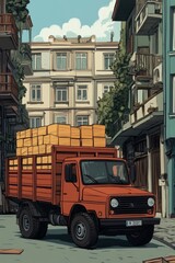 Fototapeta premium Un camión rojo cargado con cajas grandes circula por una estrecha calle urbana entre edificios. Las estructuras circundantes y la vegetación añaden un ambiente tranquilo y cotidiano a la escena.