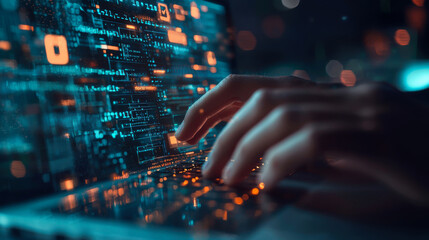 A focused individual typing on a laptop while coding in a dimly lit room filled with colorful digital data projections