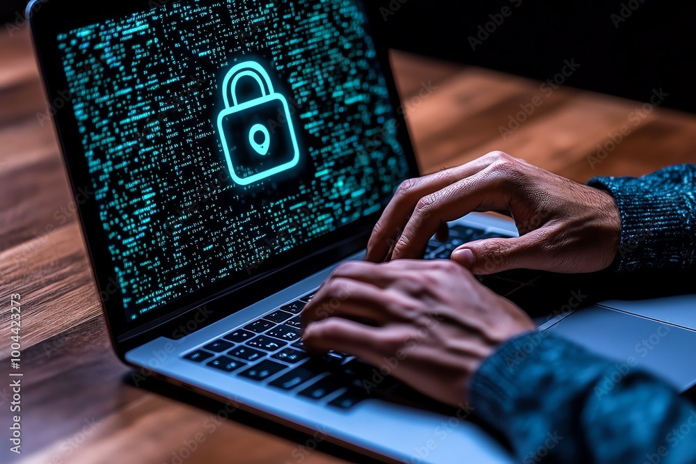 Poster a person using a laptop with encrypted messaging software, where the screen shows hidden user identi