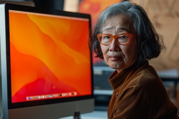 App preview asian woman in her 60s in front of a computer with a fully orange screen
