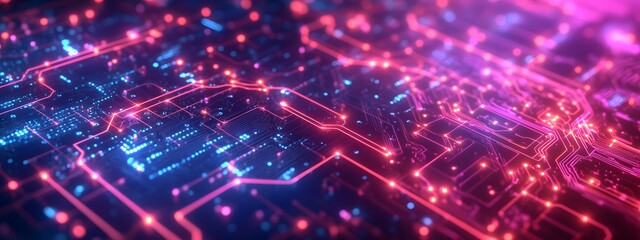 Obraz premium A close-up of an intricate circuit board with glowing neon lights, representing the complex and dynamic nature of AI technology.