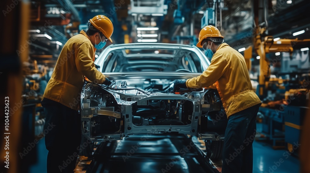 Poster workers assembling a car frame in a factory setting during daytime with industrial equipment and a p