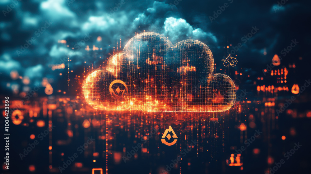 Poster digital cloud symbol with glowing connections representing data exchange and technology in a futuris
