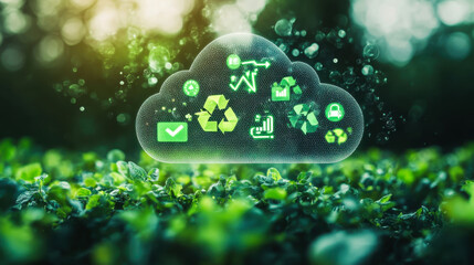 Digital cloud symbol with glowing connections representing data exchange and technology in a futuristic setting at night