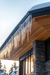 Fototapeta premium Icicles hang from the roof of a modern house