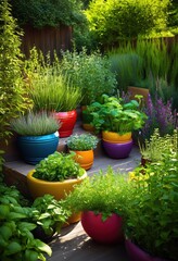 Naklejka premium lively herb garden flourishing brightly colored planters rich soil full growth sunny outdoor space, flower, leaf, vegetable, greenery, seedling, texture