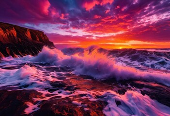 dynamic presentation wave patterns dramatically crashing rocky coastline during sunset, beach, ocean, sea, surf, waves, water, shore, nature, horizon