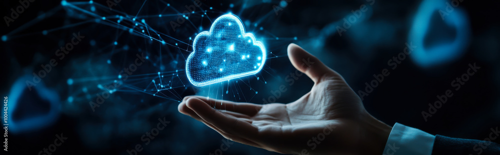 Poster a businessman in a suit interacts with a digital cloud network concept in an office setting during t