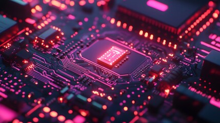 Obraz premium A close-up of an intricate circuit board with glowing neon lights, representing the complex and dynamic nature of AI technology.