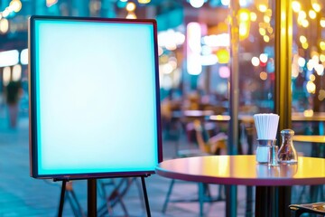Blank illuminated menu board in an urban cafe at night, Cafe Menu Board, Trendy city dining template